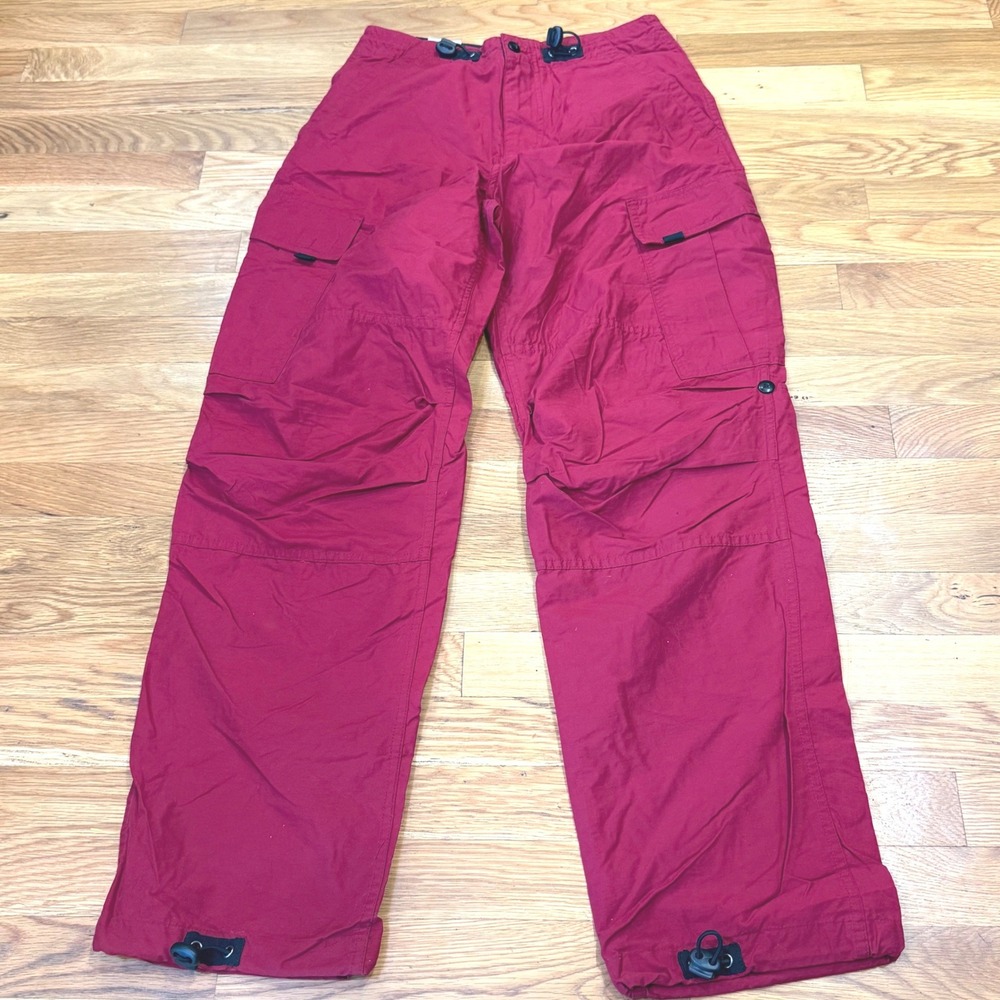 Utility Red Ribbon Cargo Pants Red Wide Leg Toggle Cuff Y2K Techwear Size 28 NWT